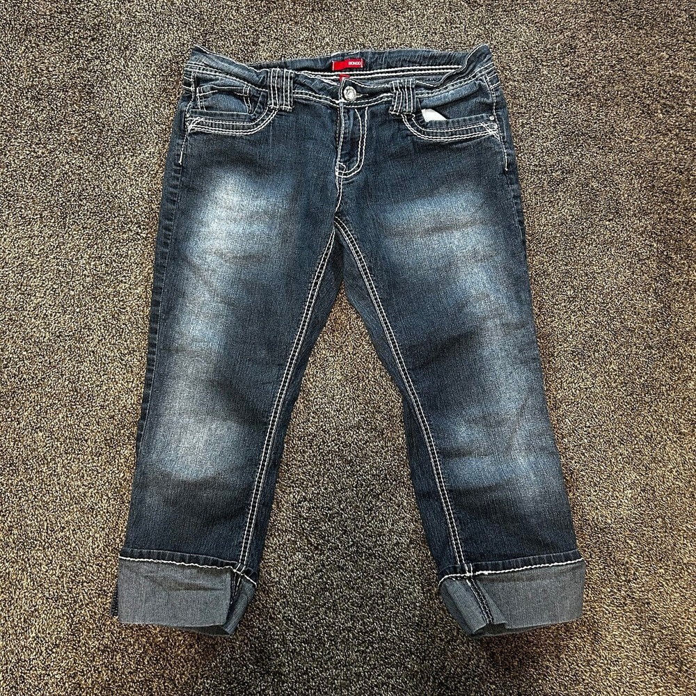 Bongo Capri Jeans Women 15 Blue Excellent Y2K Contrast Stitch Rhinestone Button